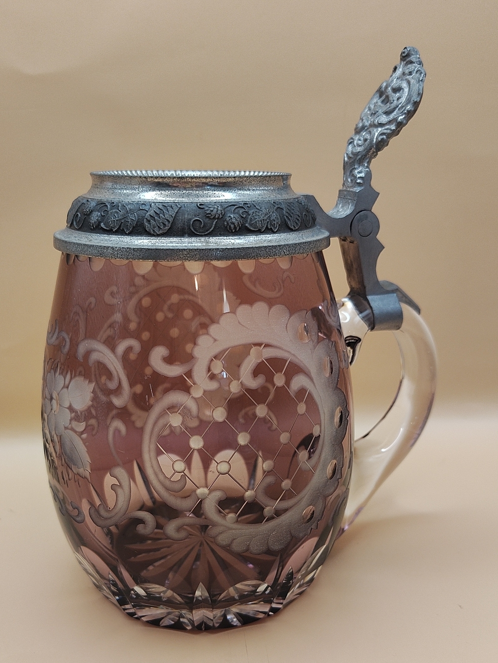 Vintage Amethyst Decorative Crystal Cut Glass Stein with Pewter Lid 7"